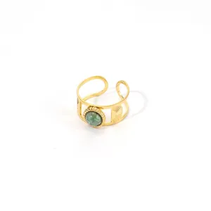 French vintage 18K gold plated stainless steel open ring with round green natural stone