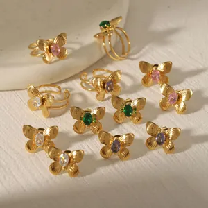 Boucles d'Oreilles et Bague Ouverte Réglable en Acier Inoxydable Plaqué Or 18K Motif Papillon Incrusté de Zircone Pour Femme