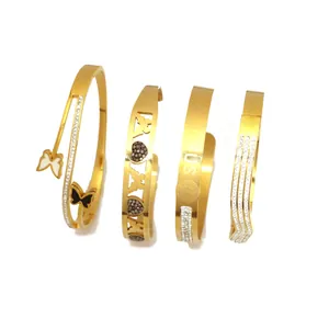 Luxury Stainless Steel Gold Plated Bangle Bracelet For Women Geometric Rhinestone Butterfly Religious Jesus Heart Hollow Jewelry