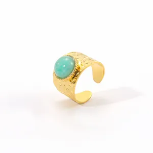 Vintage 18K gold-plated stainless steel ring featuring a round turquoise gemstone