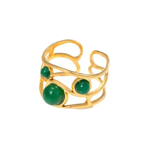 French style 18k gold plated stainless steel open ring with three green natural stones