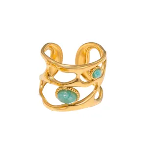 French vintage 18K gold plated stainless steel open ring with green natural stones