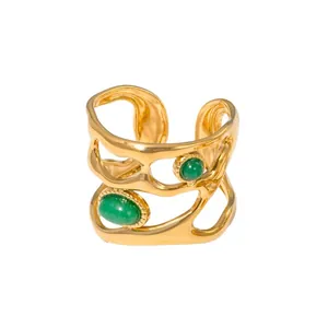 French retro 18K gold stainless steel open ring with green stones and organic lines