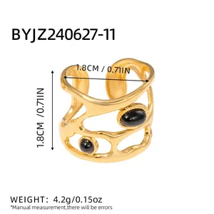 French vintage 18K gold plated stainless steel ring with oval black stones and open design