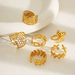 18K Gold Plated Stainless Steel Open Adjustable Ring For Women Minimalist Geometric Honeycomb Heart Chain Leaf Vintage Jewelry