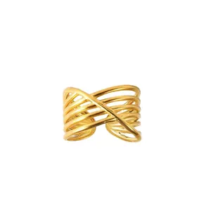 Minimalist 18k gold plated stainless steel multi-layer crossover open adjustable ring