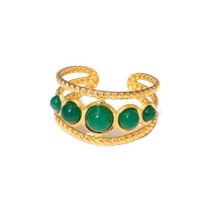 18K gold plated stainless steel cuff bracelet with five green natural stones