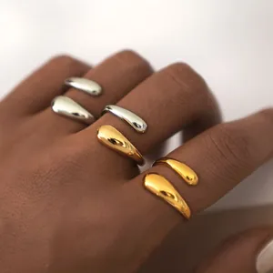 Modern 304 Stainless Steel Teardrop Geometric Open Ring For Women PVD Gold Plated Adjustable Fluid Line Finger Ring Jewelry