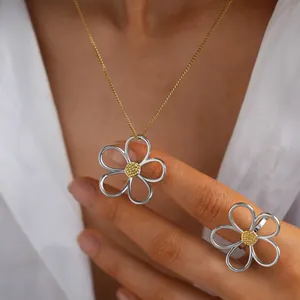 Minimalist stainless steel hollow daisy pendant necklace and ring jewelry set for women