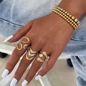 Minimalist stainless steel gold and silver bead bracelets with geometric open rings set