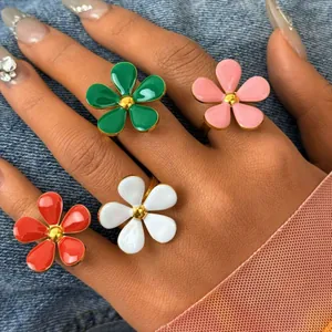 Bague Fleur Vintage Française en Acier Inoxydable Pétale Multicolore Marguerite Tulipe Creuse Ajustable Ouverte Bagues Pour Femme Bijoux Élégants