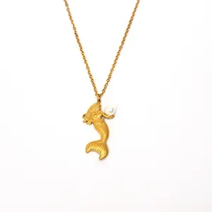 Elegant gold titanium mermaid pendant necklace with freshwater pearl on a fine chain