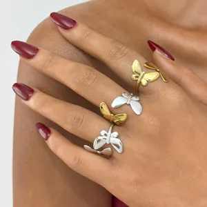 Minimalist stainless steel butterfly open ring set in gold and silver finish for women