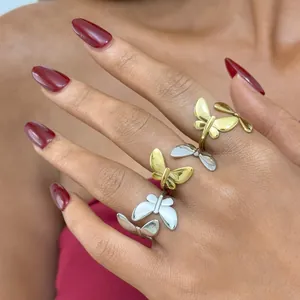 Minimalist stainless steel butterfly open rings in gold and silver for fashion women
