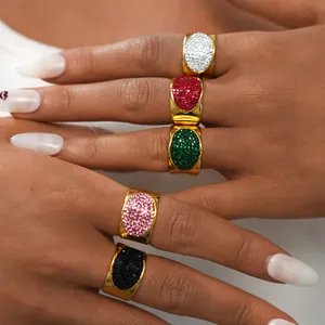 Minimalist gold stainless steel oval open rings with colorful pavé rhinestones
