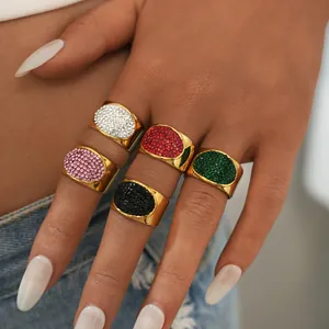 Luxury PVD Gold Plated 304 Stainless Steel Geometric Oval Open Ring Colorful Rhinestone Inlaid Waterproof Elegant Jewelry For Women