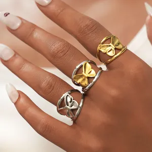 Three-color butterfly titanium steel rings in gold and silver with double-layered band design