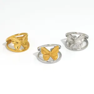 Polished titanium steel butterfly rings in gold, silver, and dual-tone minimalist styles
