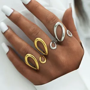 Minimalist stainless steel geometric open ring set with polished water drop design for women
