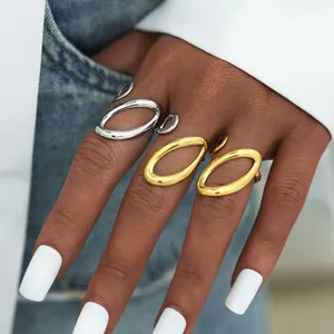 Polished stainless steel geometric oval open rings for women in gold and silver finish