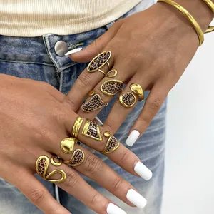 Vintage Stainless Steel Leopard Print Open Ring For Women Gold Plated Geometric Adjustable Statement Jewelry Fashion Finger Ring