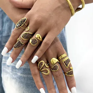 Gold leopard print geometric open rings and cuff bracelet set in bohemian style
