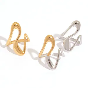 Minimalist geometric wave line open ring in polished gold and silver stainless steel