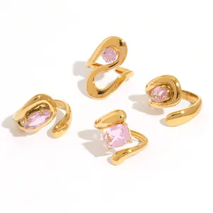 Golden stainless steel geometric teardrop ring set with pink zircon stones for women