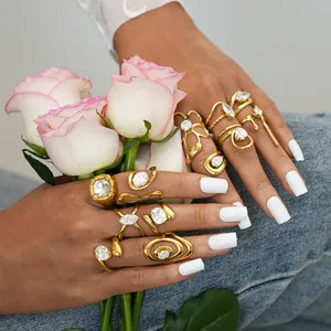 Vintage gold-plated stainless steel rings with sparkling zircon stones for women