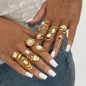 Vintage gold-plated stainless steel ring set featuring sparkling cubic zirconia stones