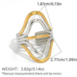 Irregular layered gold and silver wave ring with specific dimensions and weight