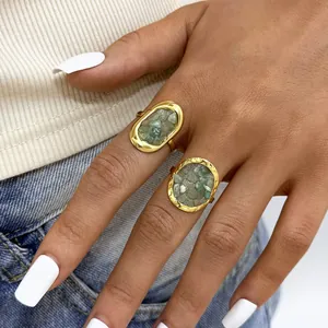 French Niche Stainless Steel Ring Green Natural Stone Gold Plated Hammered Geometric Finger Ring For Women Jewelry Gift