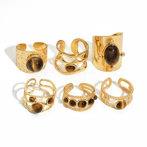 Retro 18k vergoldeter Edelstahl Ring-Set mit natürlichen Tigerauge-Steinen und Hammer-Optik