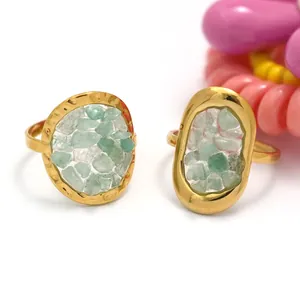 French style gold-plated rings with natural green and white stone inlay, vintage minimalist set