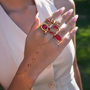 PVD Gold Plated 304 Stainless Steel Red Zircon Ring For Women Vintage Bohemian Rhinestone Open Adjustable Finger Bracelet Jewelry