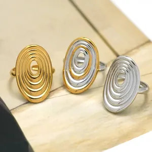 Detailed view of geometric spiral titanium steel rings in gold, silver and mixed tones