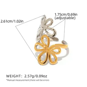 Two-tone silver and gold hollow flower ring with adjustable open band and dimensions