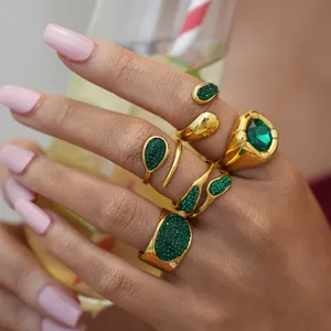 304 Stainless Steel Gold Plated Open Ring For Women Vintage Green Zirconia Pave Geometric Adjustable Hollow Finger Ring Party Jewelry