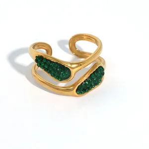 Irregular gold double-layer open ring with sparkling green crystals for women