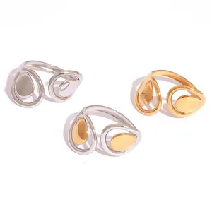 Polished hollow geometric water drop rings in silver, gold, and dual-tone finishes