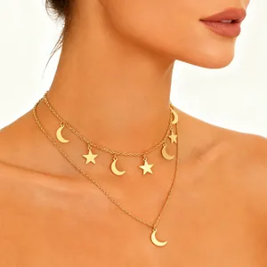 Trendy 304 Stainless Steel Layered Star And Moon Pendant Necklace Gold PVD Plated Minimalist Bohemian Jewelry For Women