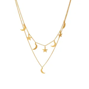 Fashionable gold layered necklace featuring star and moon pendants with a minimal style