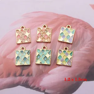 Set of 6 colorful square enamel geometric pendants with gold frame for DIY jewelry