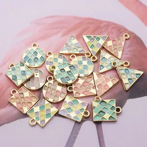 Geometric Alloy Enamel Checkered Pendants Gold Edged Drip Oil DIY Jewelry Findings For Earrings Necklace Making Women