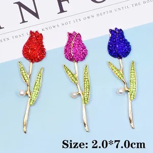 Three tulip flower pins in red purple blue with crystals and pearls 2.0x7.0cm