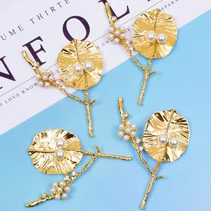 DIY Schmuckherstellung Zubehör Legierung Gold Lotusblatt Ast Anhänger Mit Künstliche Perlenimitat Strass Für Handwerk Kopfschmuck Dekor