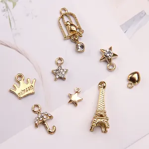 Gold Alloy Rhinestone Charms Eiffel Tower Star Heart Crown Birdcage Umbrella Pendants For DIY Jewelry Making Accessories
