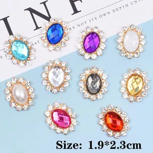 Oval rhinestone alloy pendants in 10 assorted colors for DIY hair accessories, 1.9x2.3cm