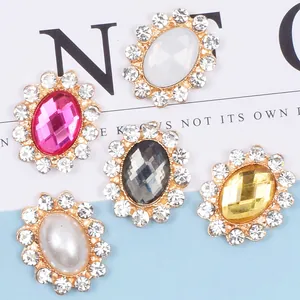 Oval rhinestone alloy buttons with pearl and gemstone centers for DIY hair accessories