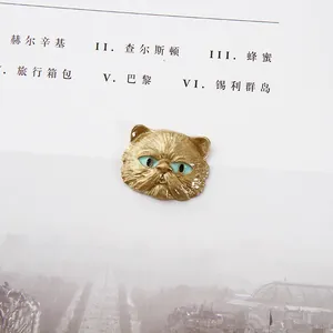 Détail d'une breloque tête de chat en or antique avec émail bleu clair sur un magazine